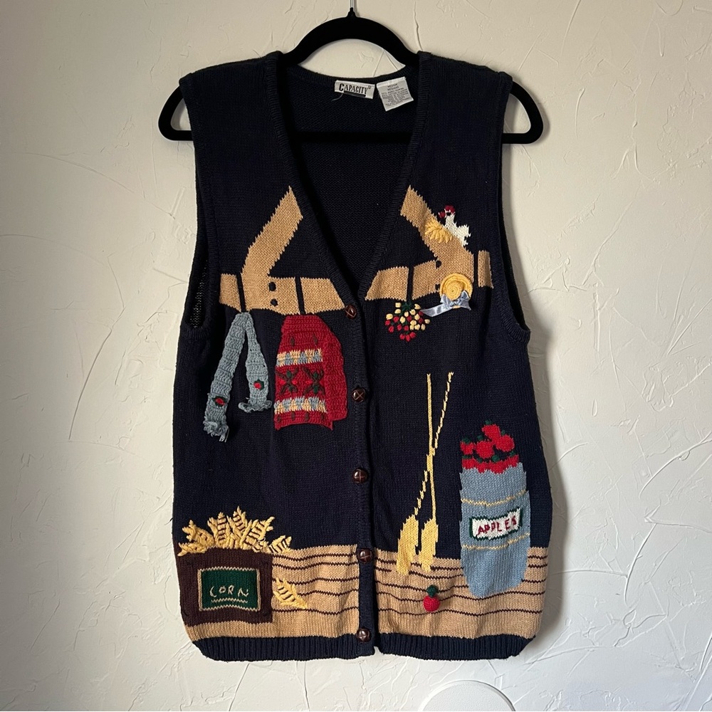 Vintage Navy Sweater Vest with Farmhouse Design Cottagecore Grandma